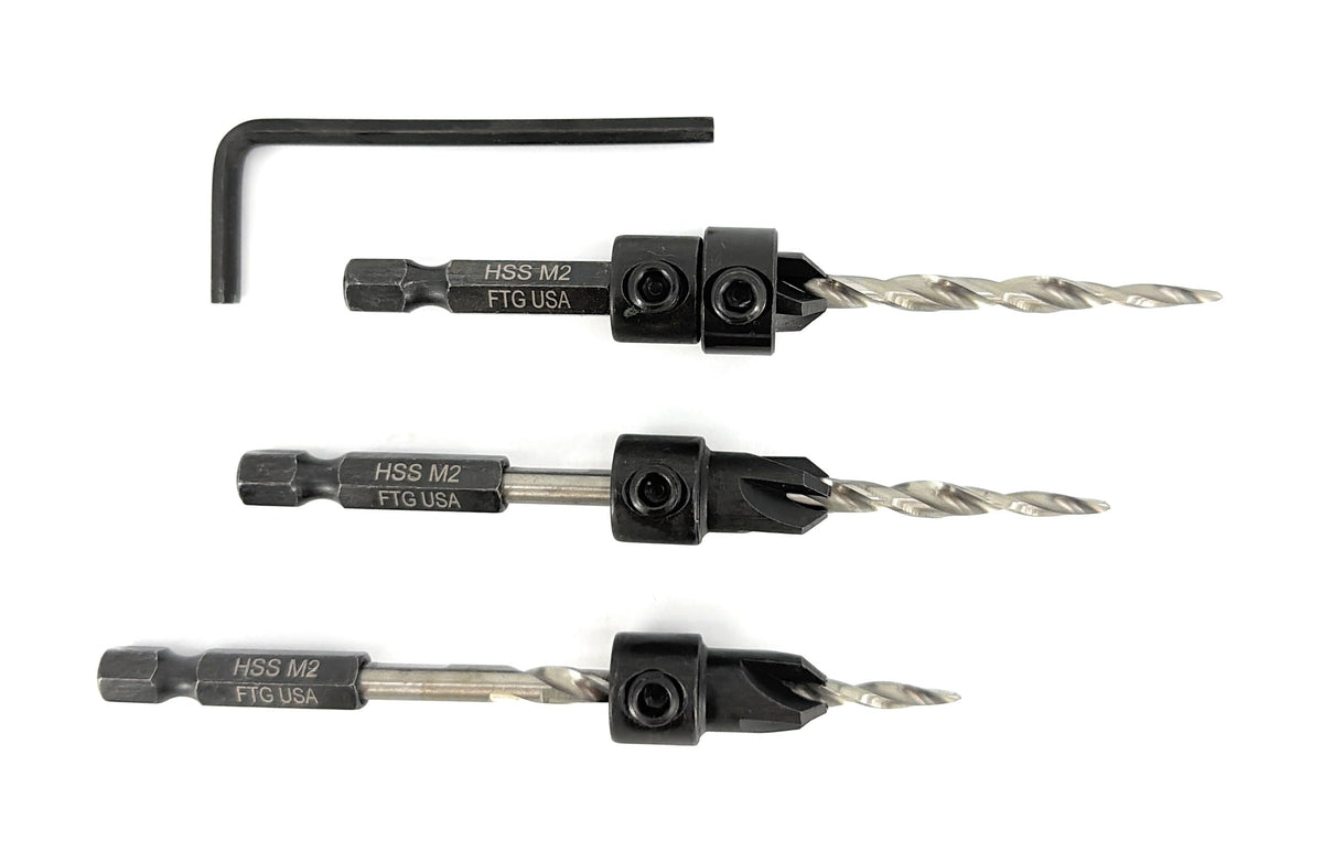 FTG USA 3-Pk #8 (11/64") Countersink Drill Bit Set, 1 Stop, 1 Wrench & Case