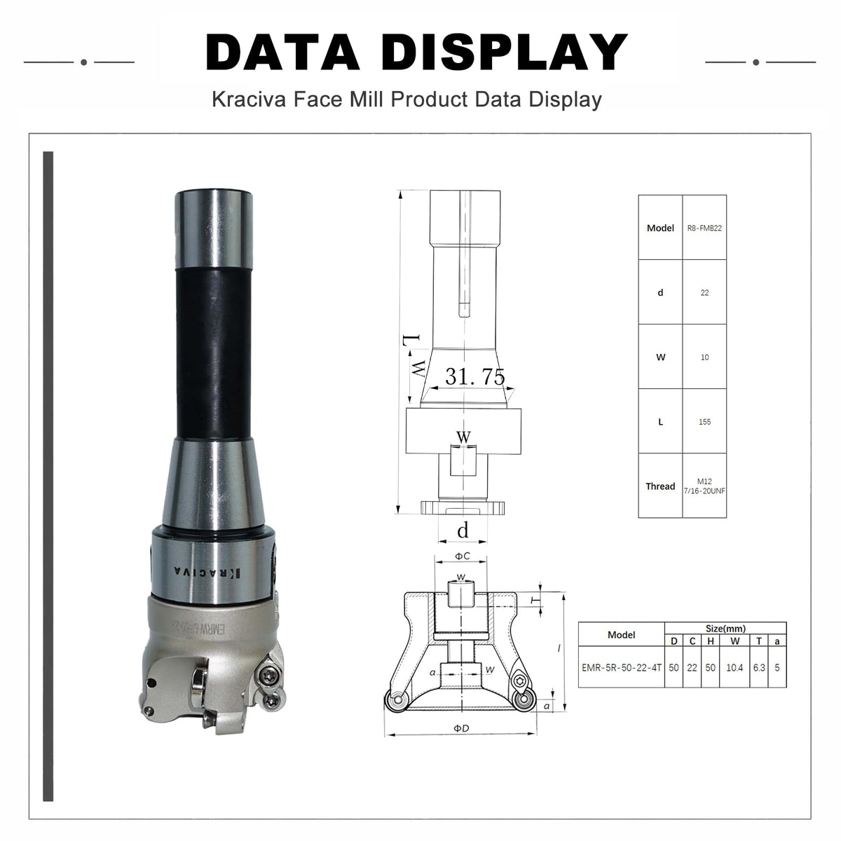 Kraciva R8 Shank 50mm EMR Round Dowel Face Mill Set