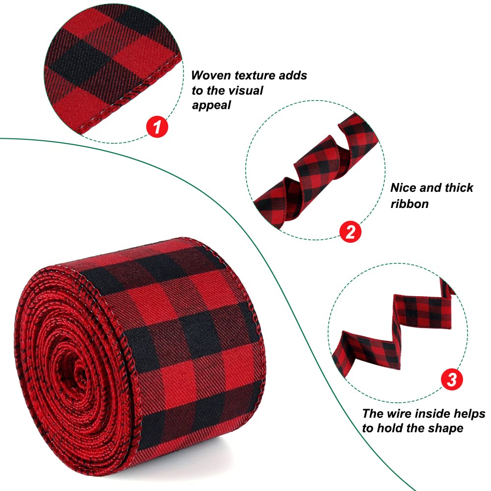 19.6 Yard 2.5 inch Wide Buffalo Plaid Ribbons Wired Edges, 2 Rolls Red and Black Checkered Ribbon for Christmas Tree