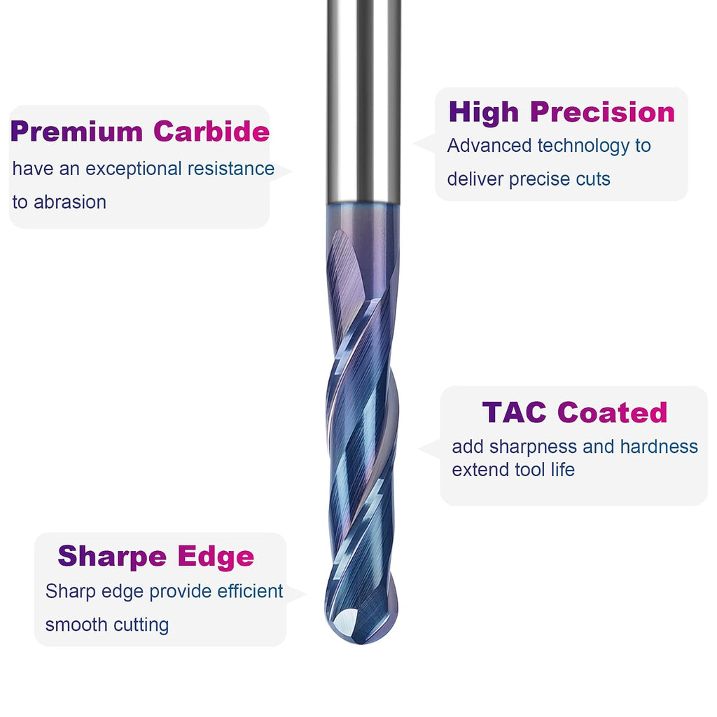 SpeTool Ball Nose CNC Spiral Router Bits, Double Flutes Carbide End Mill 1/4 Inch Shank with TAC Coating, 3 inch Over Length