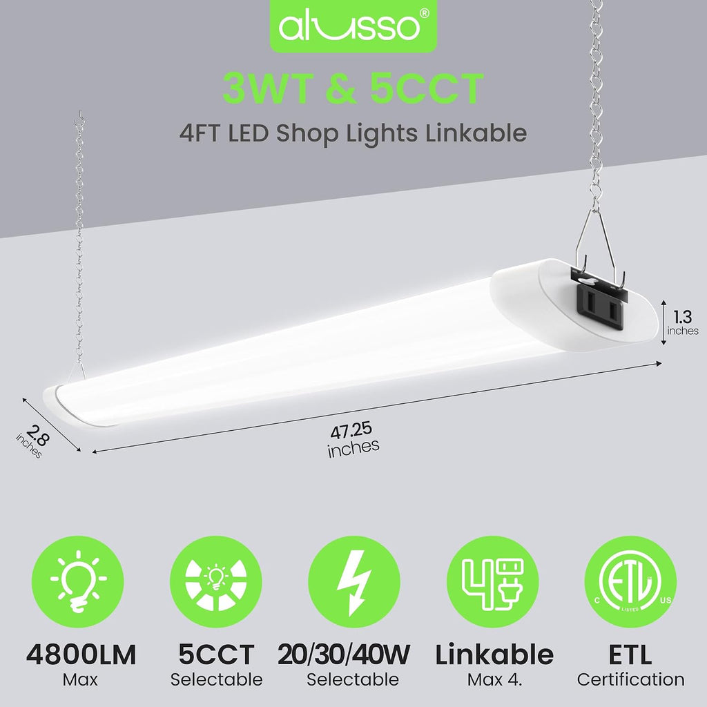 ALUSSO LED Shop Lights 4FT for Garage, 4800LM Adjustable 20W/30W/40W, 5CCT 2700K 3000K 4000K 5000K 6500K, 120V, Warm to Cool Daylight Linkable Shop Lights for Workshop, ETL, 2 Pack