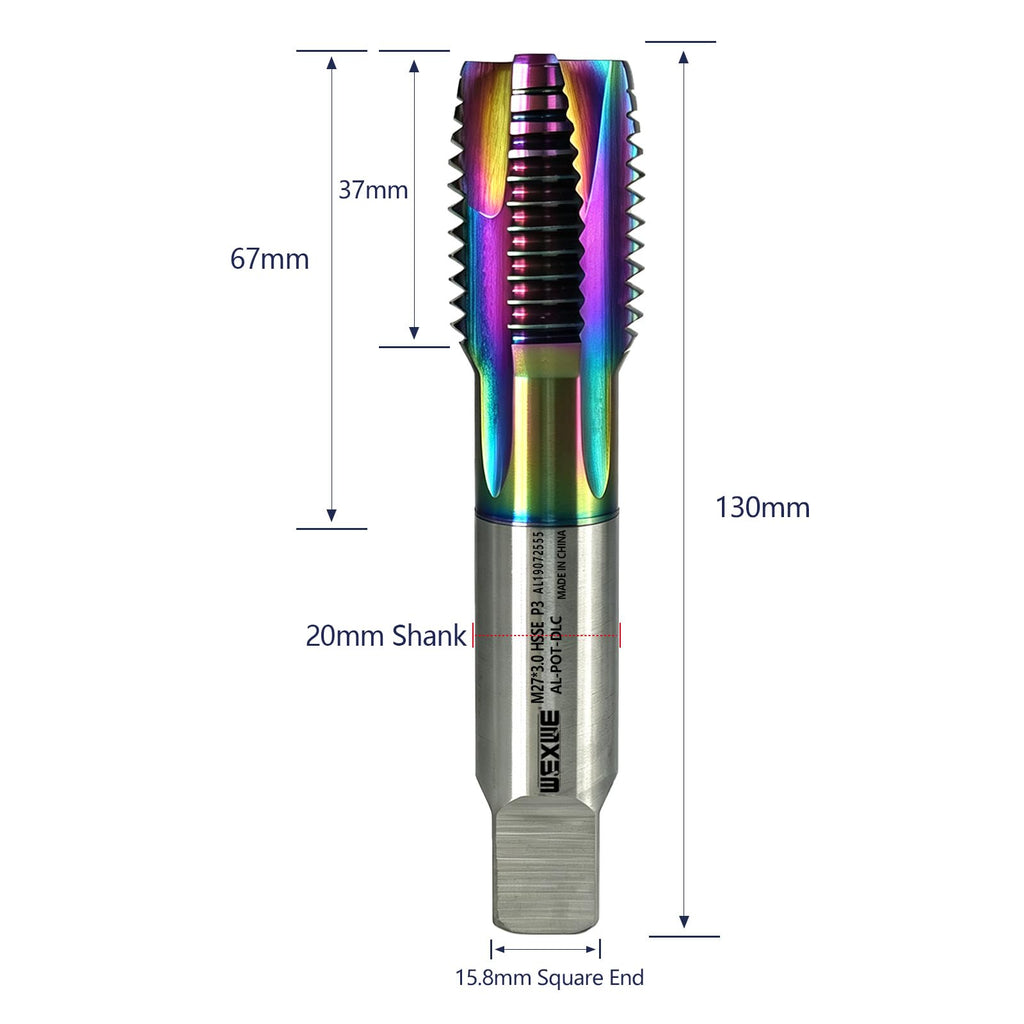 WEXWE Tools M27 x 3.0 Spiral Point Threading Tap, Metric Machine Threading Tap High Speed Steel Cobalt(HSSCo) With DLC Coating, Round Shank with Square End， H2 Tolerance, 1PC