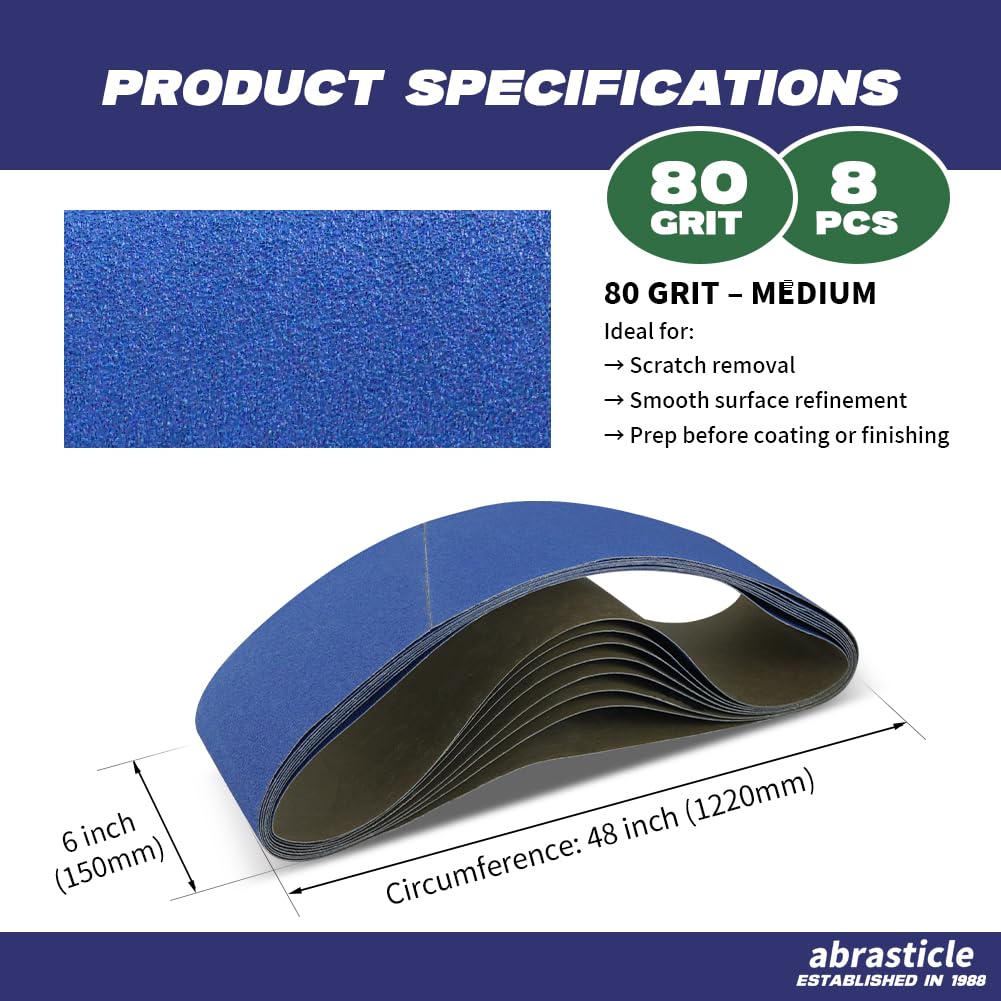 8 Pack 6 x 48 Inch Zirconia Sanding Belts, 80 Grit Heavy Duty Belt Sander Paper, Fits Belt Sander & Bench Sander for Professional Woodworking, Metal Polishing and Surface Preparation