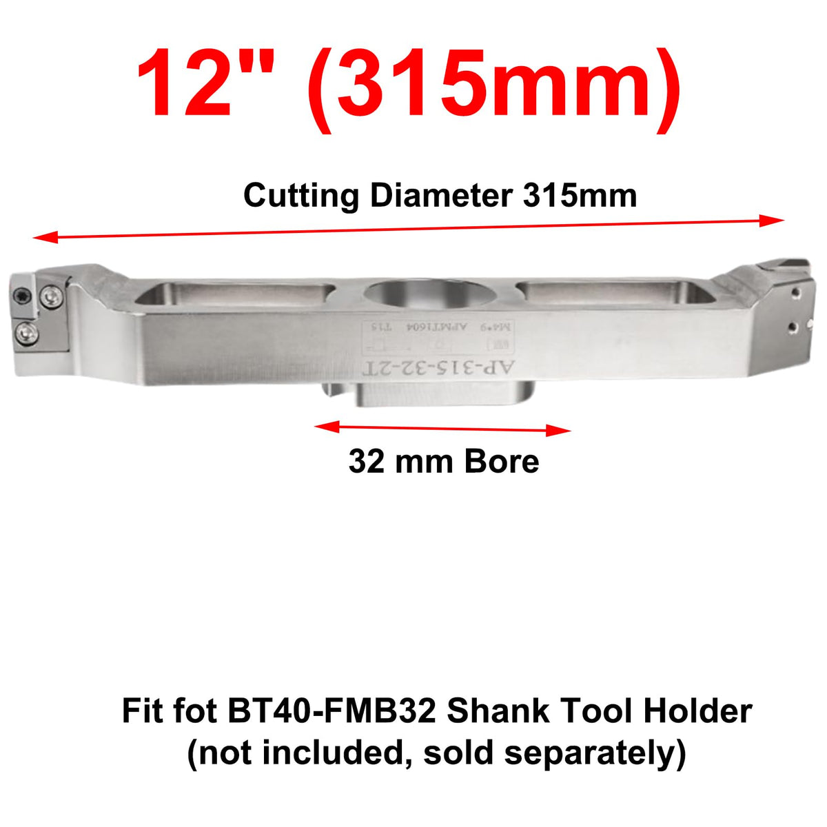 HeeHoo 90 Degree Dual-Insert Indexable CNC Fly Cutter, Adjustable Seats, Face Milling Cutter for Machining Steel Workpiece, for BT40 FMB32 Tool Holder (12" (315mm))