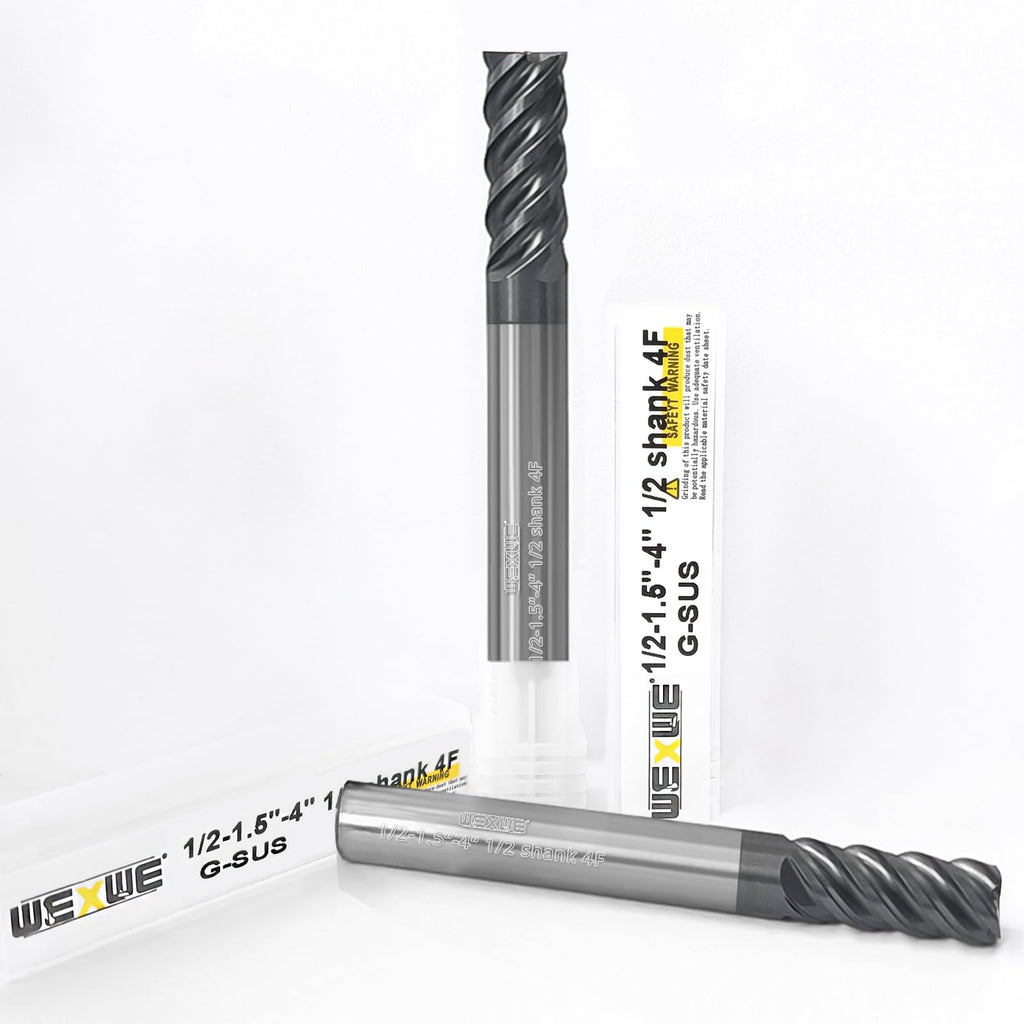 WEXWE Tools Extra Long Carbide End Mill, PVD AlTiN Coating for Stainless Steel Materials Cutting, 1/2 Shank (1/2-4" 2PCS)