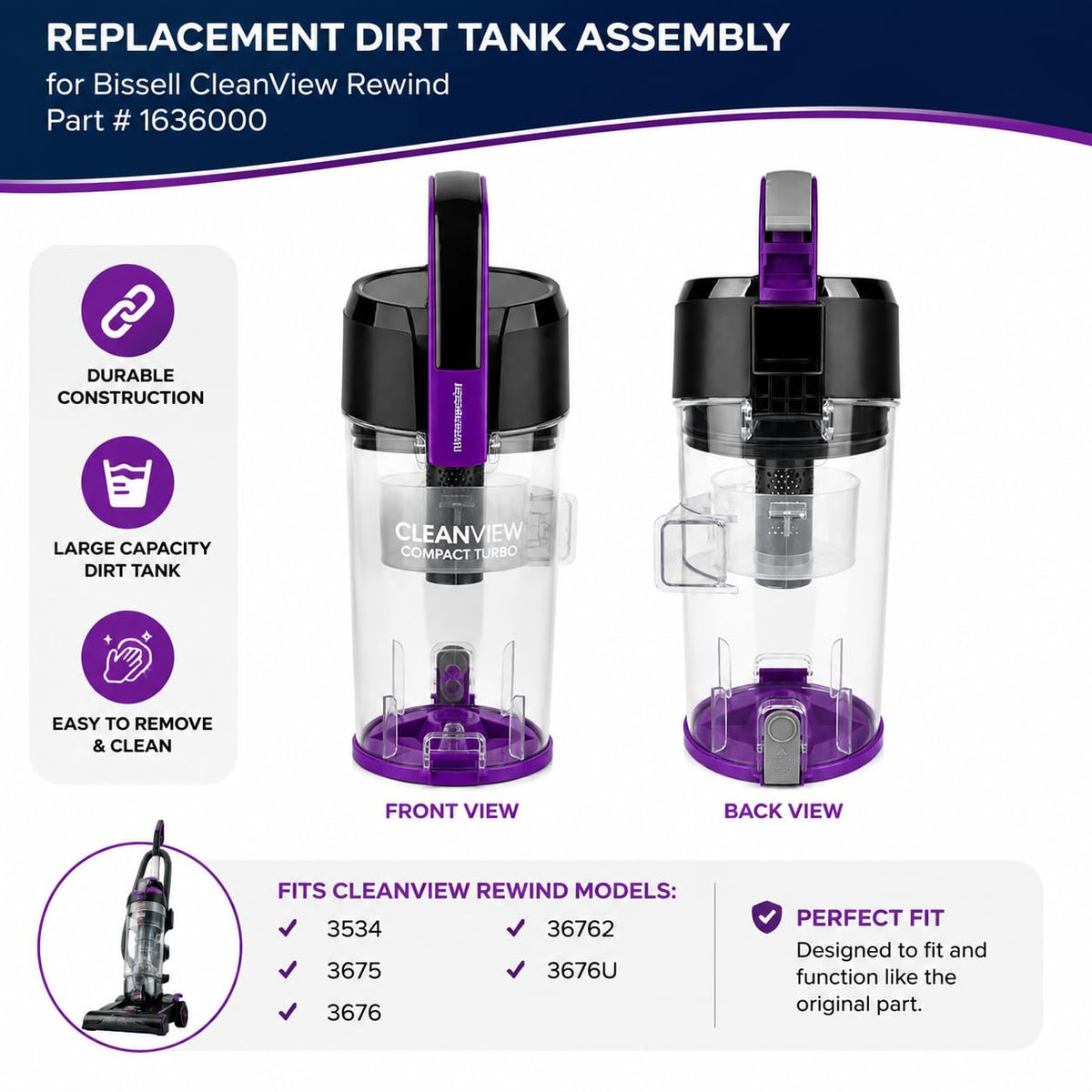 Replacement Dirt Tank Assembly for Bissell CleanView Rewind Part # 1636000