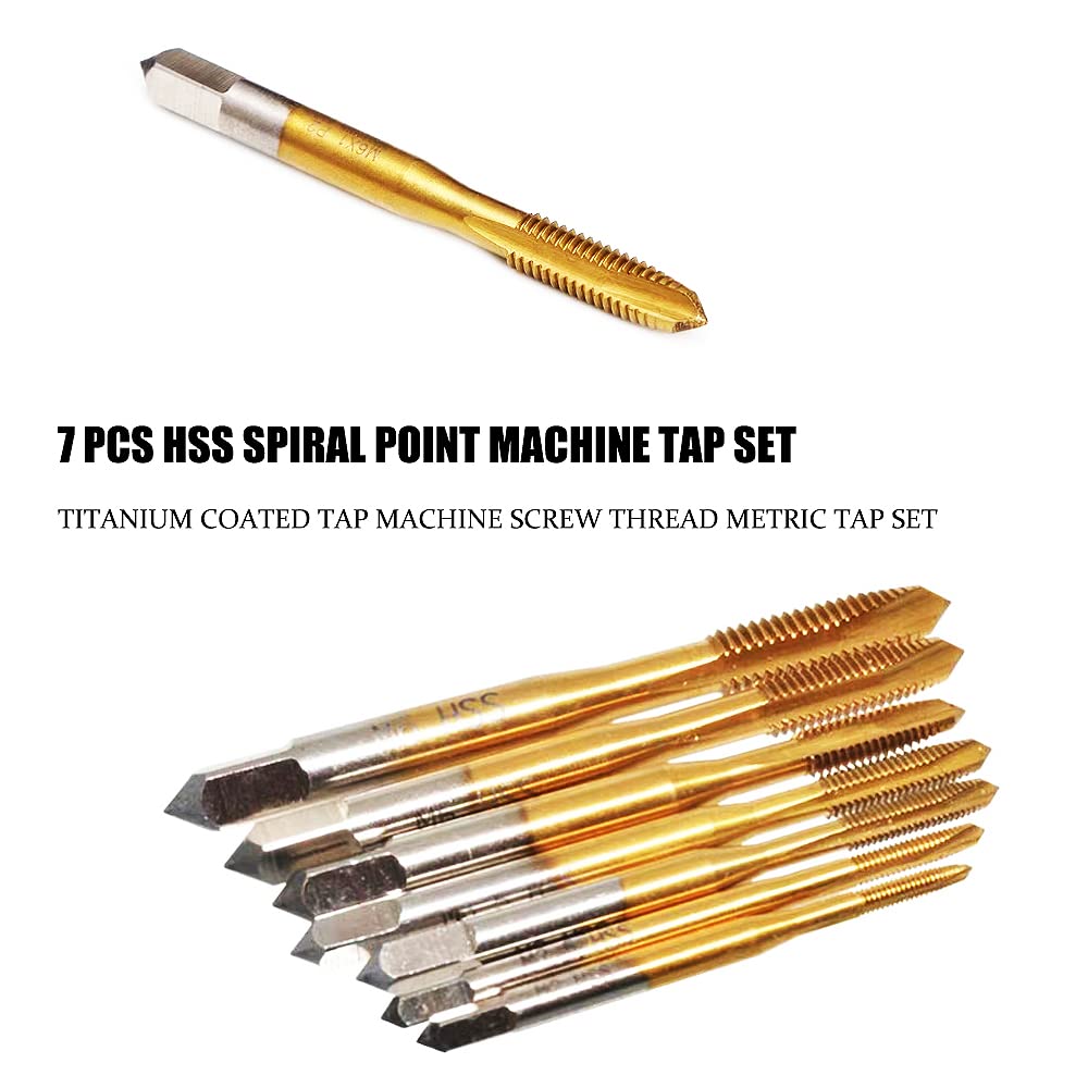 Machine Tap 7 PCS HSS6542 Spiral Point Titanium Coated Tap Machine Screw Thread Metric Tap Set Drill and Tap Set Thread Tapping Tool M2 M2.5 M3 M3.5 M4 M5 M6