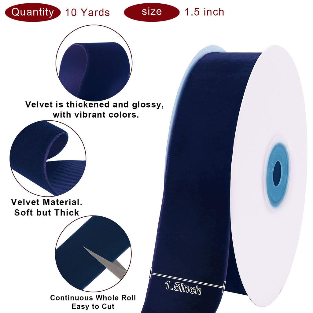 10 Yards Navy Velvet Ribbon for Christmas Tree, 1.5 Inch