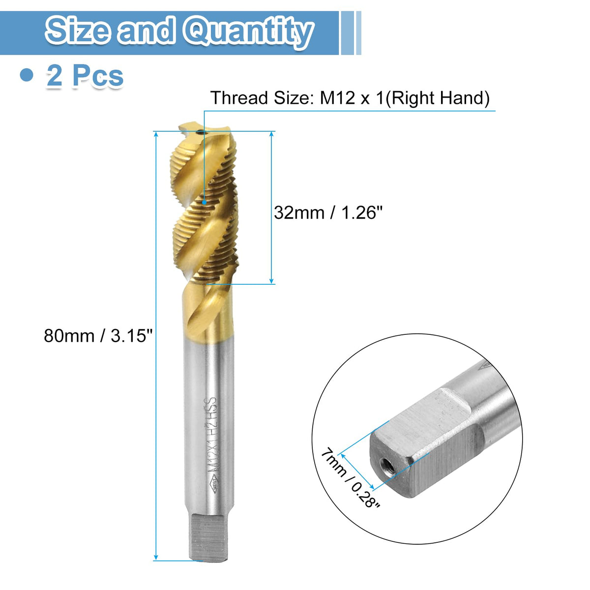 uxcell 2pcs Spiral Flute Thread Taps, M12 x 1 H2 Screw Threading Tap, Titanium Coated 6542 High Speed Steel Machine Tapping Tools for Machinist Repair
