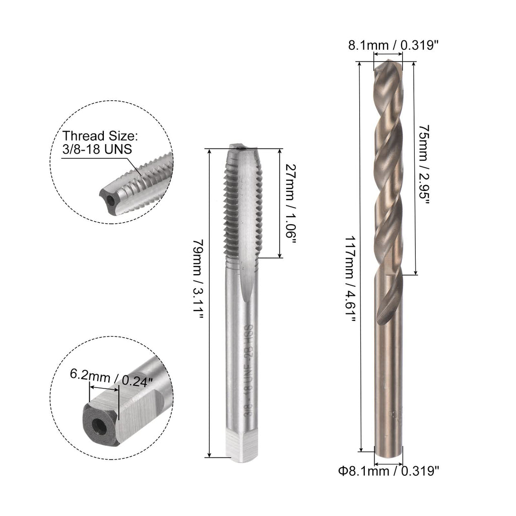 HARFINGTON Tap & Bit Sets, 3/8-18 UNF 2B Straight Flute Machine Thread Milling Tap, 8.1mm M35 Cobalt High Speed Steel (HSS-CO) Twist Drill Bit
