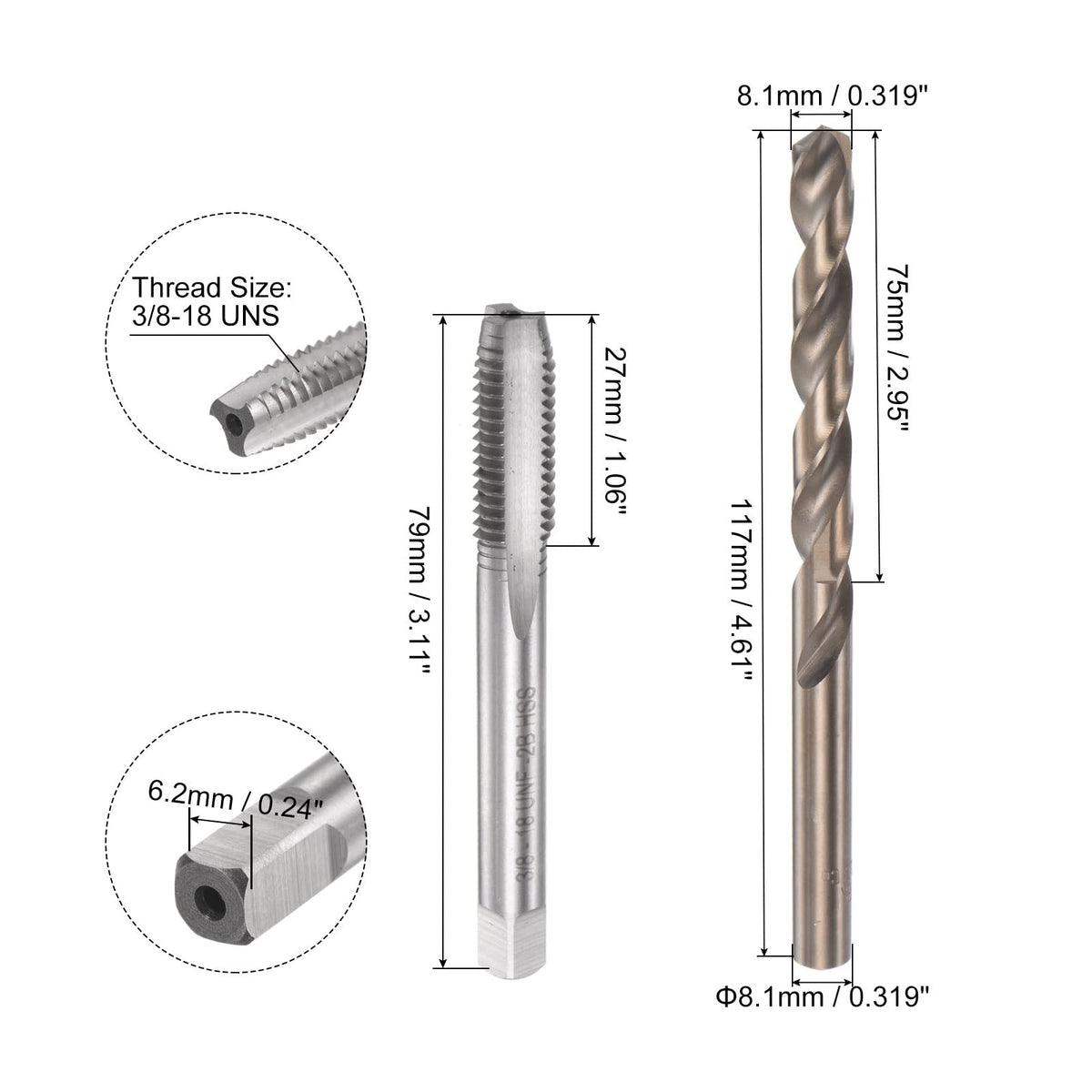 HARFINGTON Tap & Bit Sets, 3/8-18 UNF 2B Straight Flute Machine Thread Milling Tap, 8.1mm M35 Cobalt High Speed Steel (HSS-CO) Twist Drill Bit