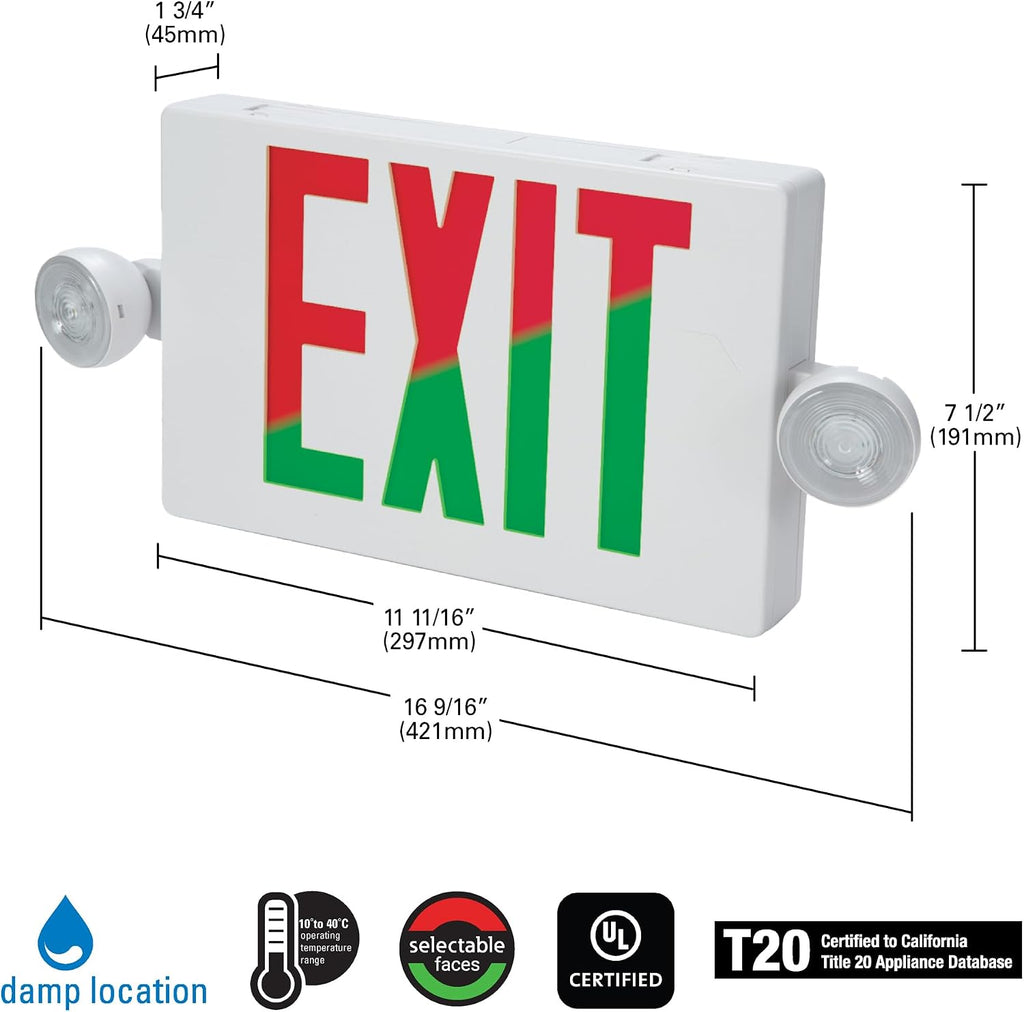 Sure-Lites APC Integrated LED Exit and Emergency Light Combo, Red and Green, White Finish