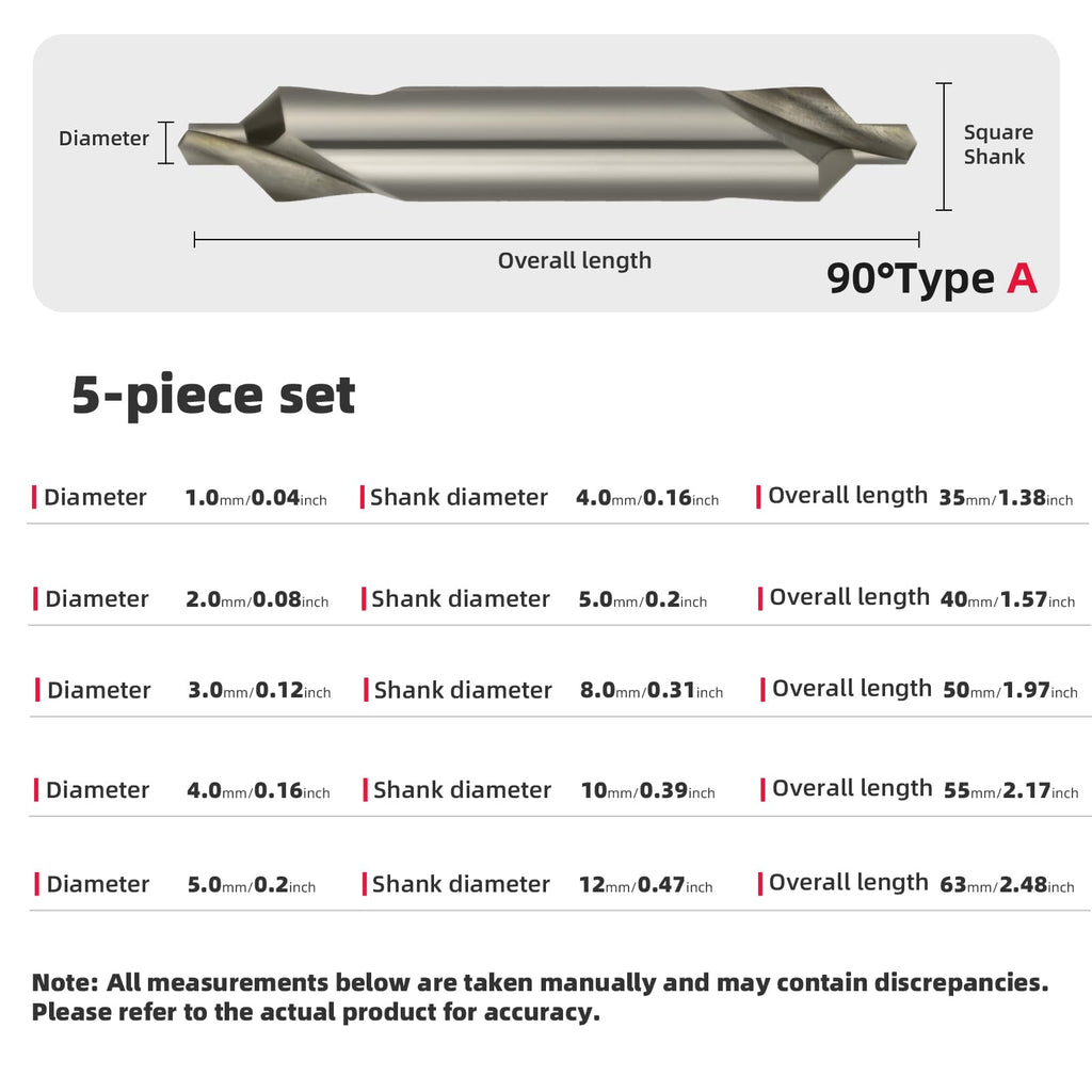 5-Piece Set Professional HSS A-Type Center Drill Bits 90 Degree DRINYOUNG (Type A, 5pcs（90°）：A1 A2 A3 A4 A5)