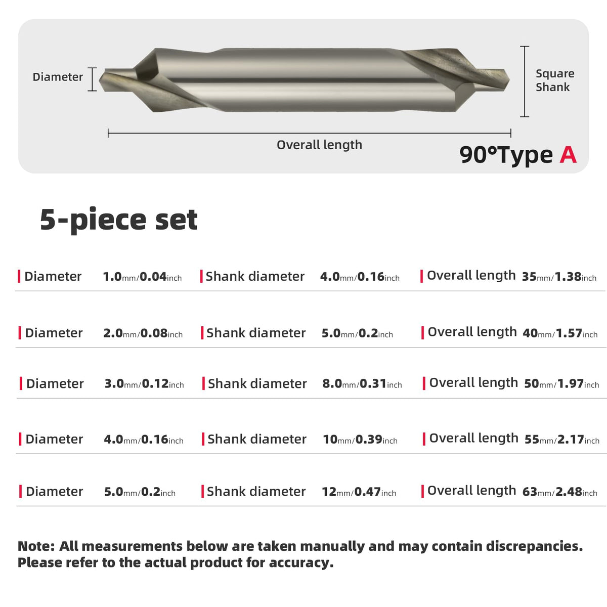 5-Piece Set Professional HSS A-Type Center Drill Bits 90 Degree DRINYOUNG (Type A, 5pcs（90°）：A1 A2 A3 A4 A5)
