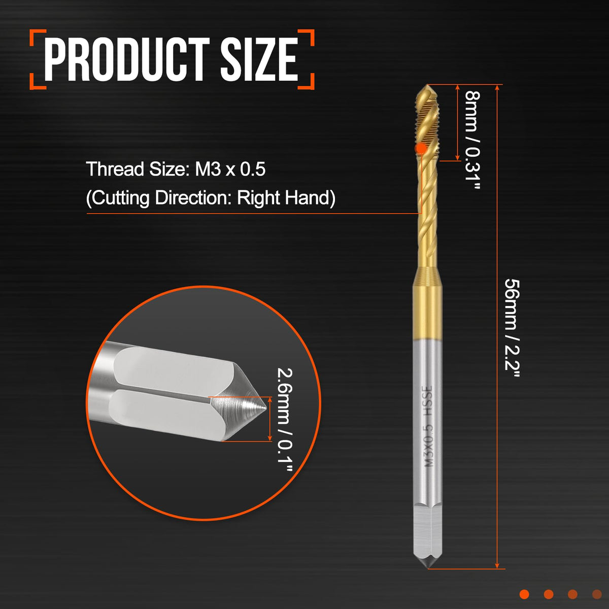 Workkyma M3 x 0.5 Spiral Flute Thread Tap M35 High Speed Steel DIN371