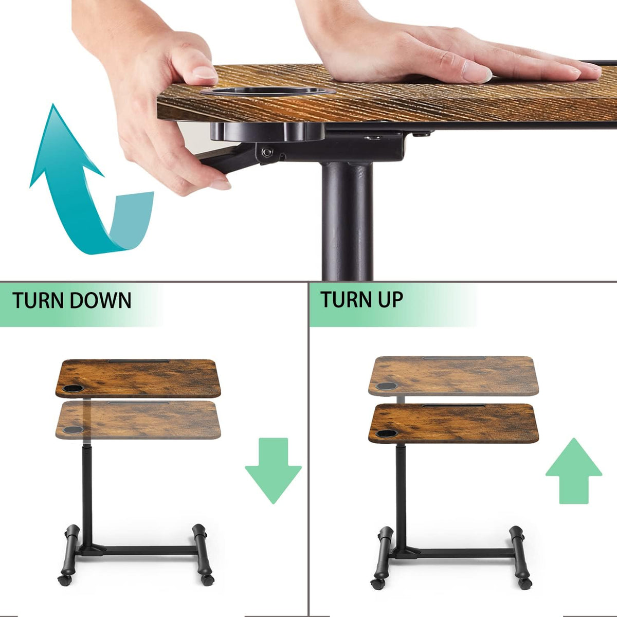 Overbed Table with Wheels, Height Adjustable 27.5-34.25", Walnut