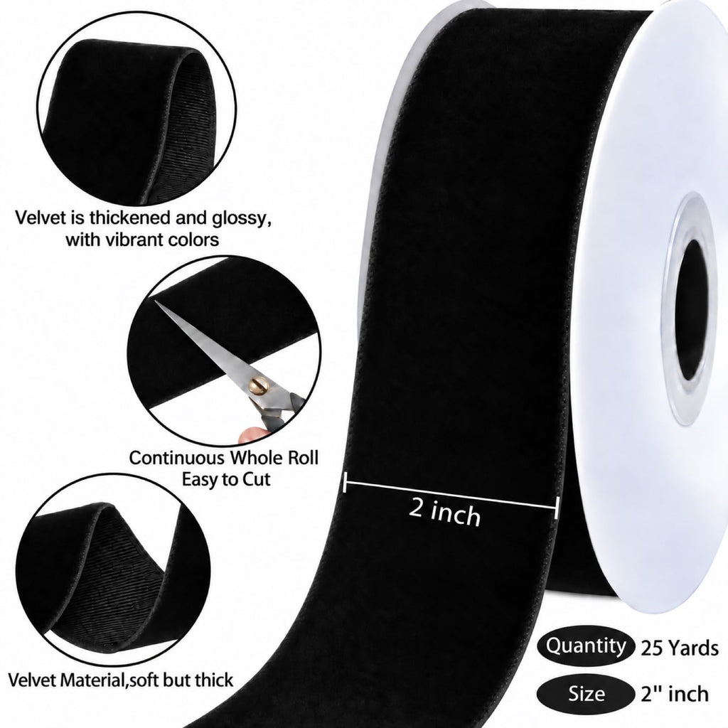 25 Yards Black Velvet Ribbon for Christmas Tree, 2 Inch