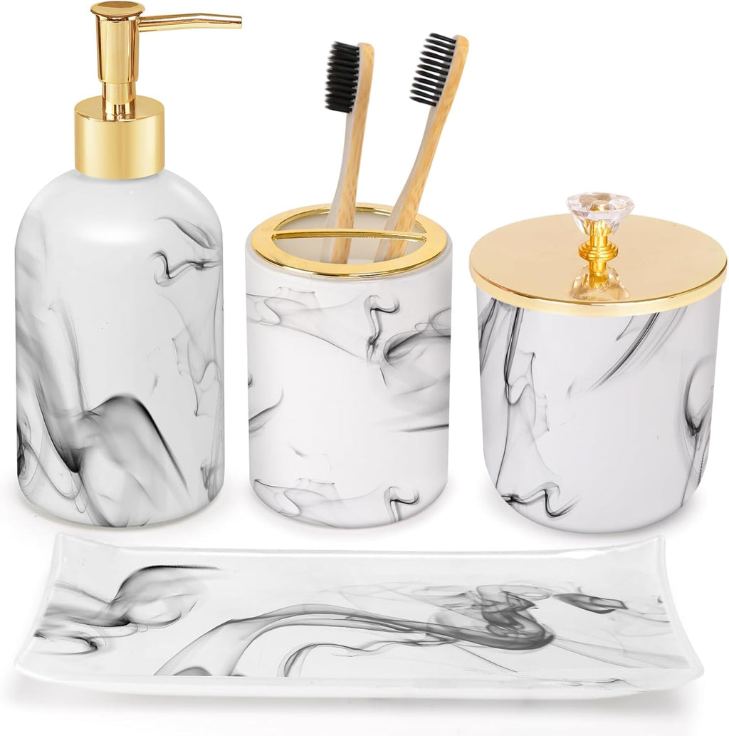 Bathroom Accessories Set, 4 Pcs Marble Look Sets Soap Dispenser & Toothbrush Holder Counter Top Restroom Apartment
