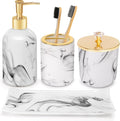 Bathroom Accessories Set, 4 Pcs Marble Look Sets Soap Dispenser & Toothbrush Holder Counter Top Restroom Apartment