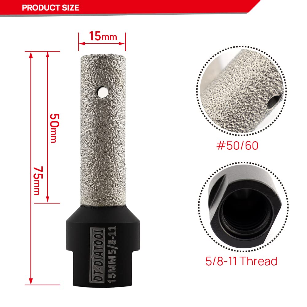 DT-DIATOOL Diamond Finger Bit 15mm Coated Milling Bit for Tile Grinder Enlarging Polishing Holes on Porcelain Ceramic Granite Marble Countertop, 5/8 inch-11 Thread