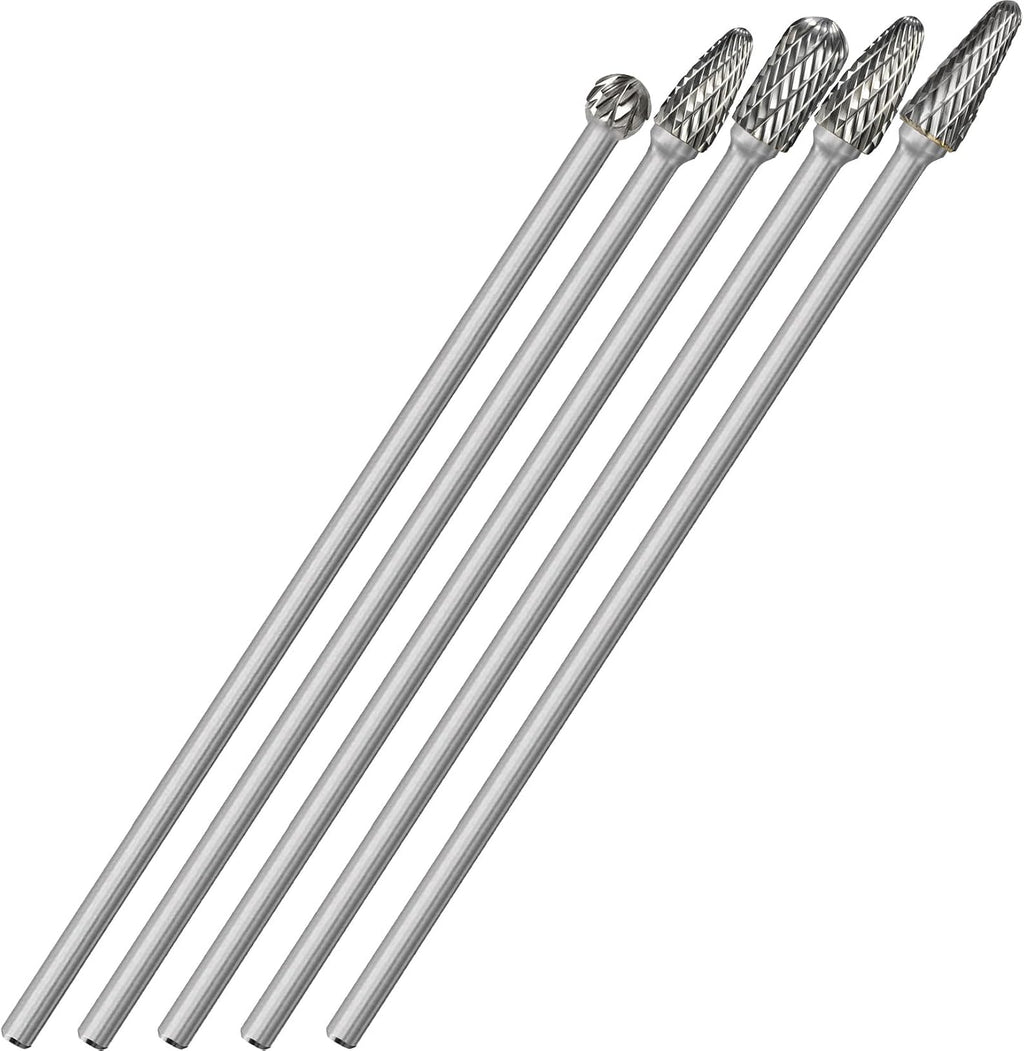 Sworker 5Pcs Long Carbide Burr Set 1/4" Shank Total L 6.2" Die Grinder Bits Rotary Rasp Attachment Cut Port Grind Metal Cast Iron Steel Aluminum Cylinder Head Engine Intake Exhaust Manifold Tight Area