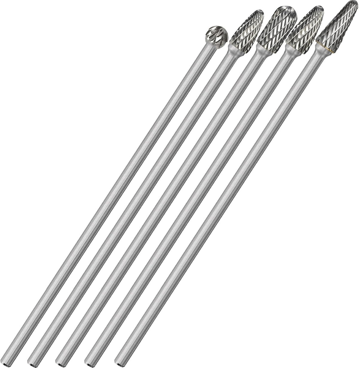 Sworker 5Pcs Long Carbide Burr Set 1/4" Shank Total L 6.2" Die Grinder Bits Rotary Rasp Attachment Cut Port Grind Metal Cast Iron Steel Aluminum Cylinder Head Engine Intake Exhaust Manifold Tight Area