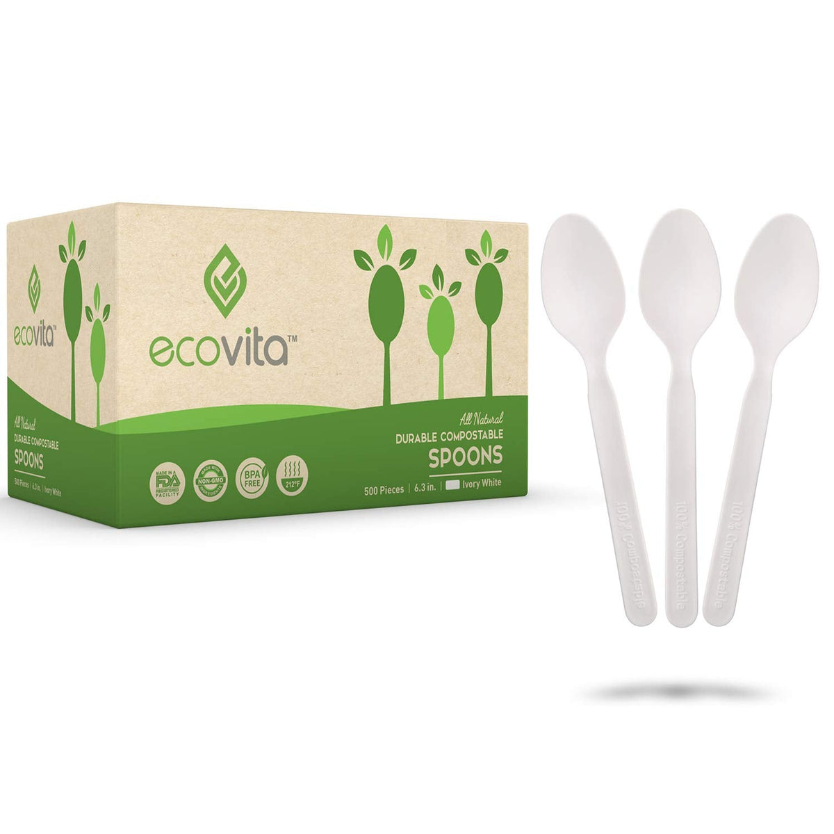 100% Compostable Spoons - 500 Large Disposable Utensils (6.5 in.) Bulk Size Eco Friendly Durable and Heat Resistant