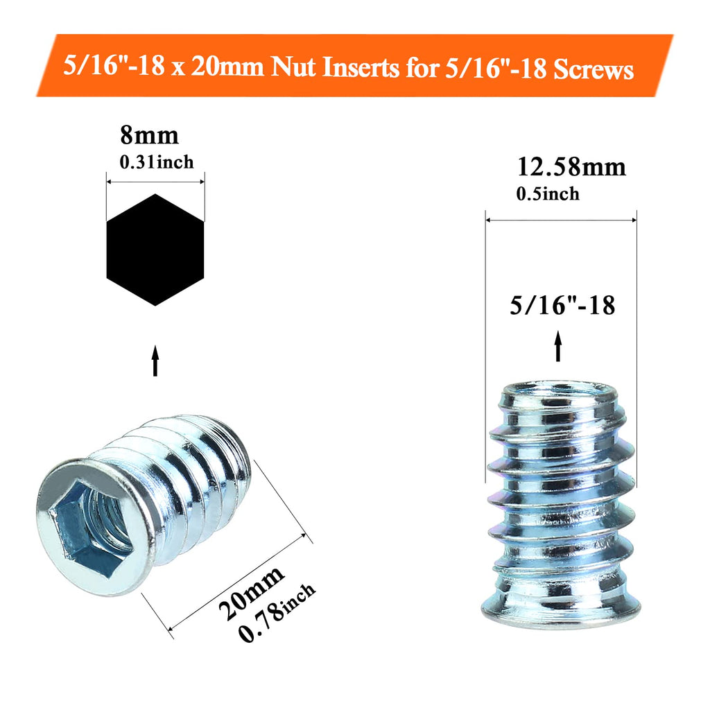 HELIFOUNER 30 Pieces 5/16"-18 x 20mm Threaded Inserts With Hex Wrench, Wood Inserts, Blue Zinc Plated Carbon Steel for Wood Furniture Screw