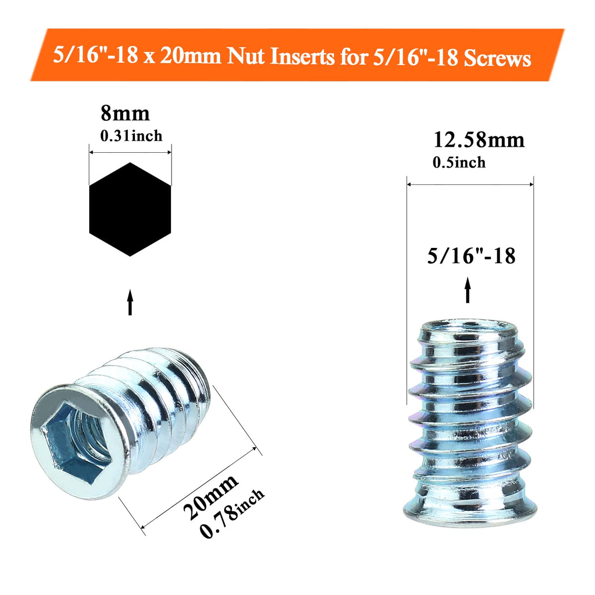 HELIFOUNER 30 Pieces 5/16"-18 x 20mm Threaded Inserts With Hex Wrench, Wood Inserts, Blue Zinc Plated Carbon Steel for Wood Furniture Screw