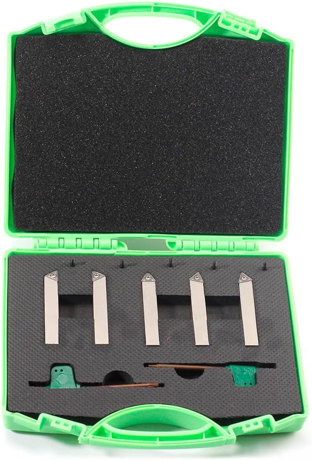 Mini Indexable Lathe Turning Tool-3/8" Shank Nickel Plated 5 Pieces Carbide Turning Tool Set, Metal Lathe Cutting Tools with Carbide Inserts TCMT110204(TCMT21.51)
