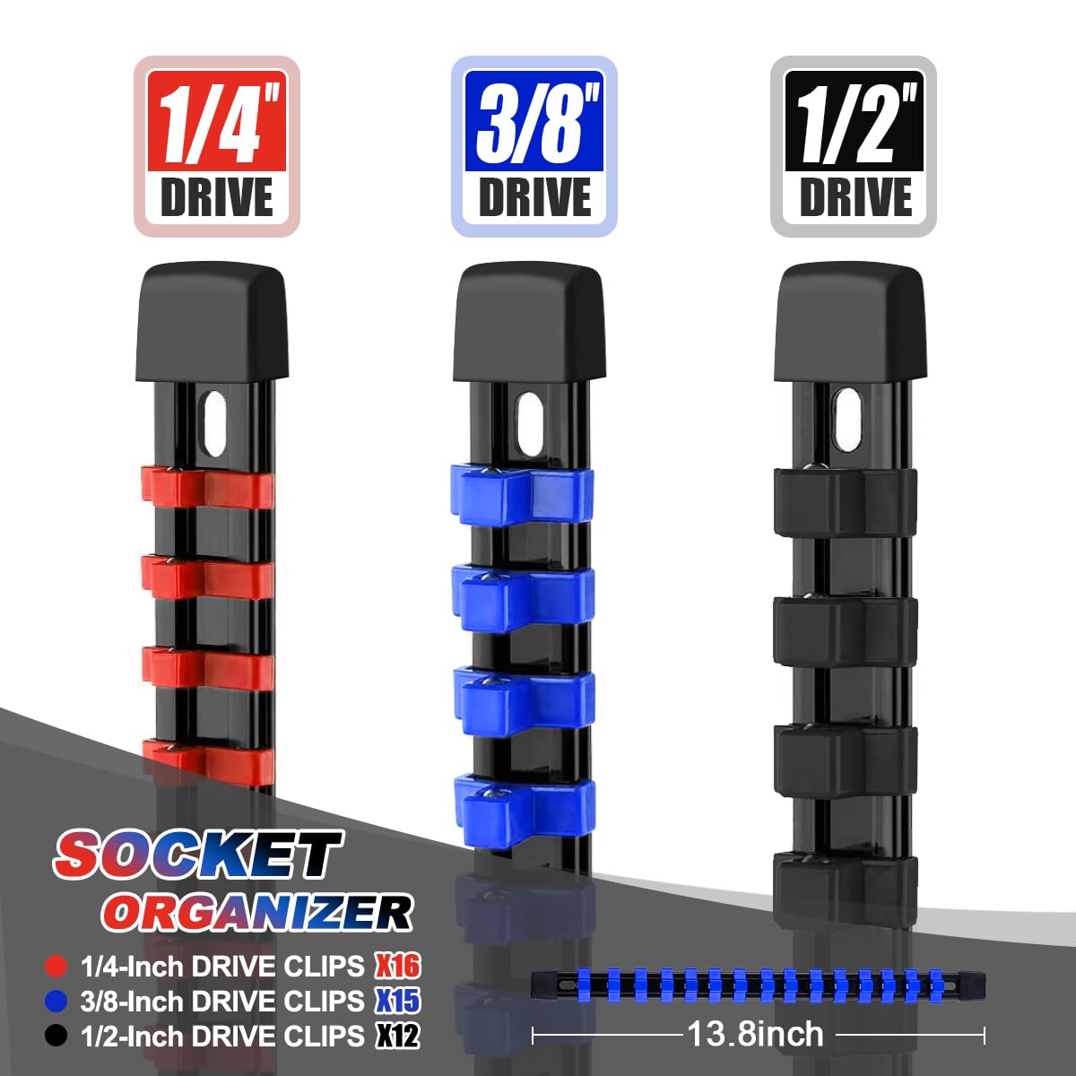 3-Pc Socket Organizer Rail Set, 43-Clip Socket Holder, 1/4, 3/8, 1/2 Drive