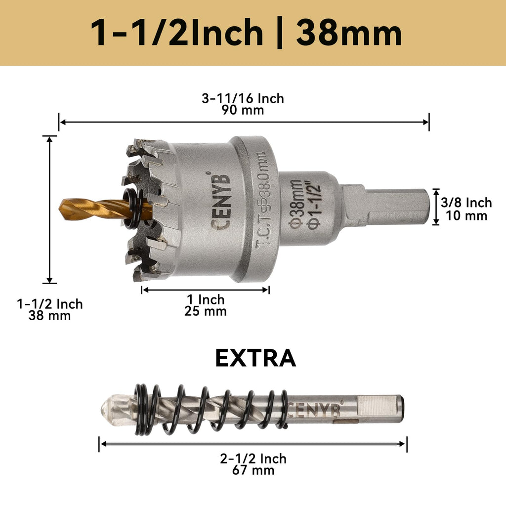 CENYB 1-1/2" (38mm) Tungsten Carbide Tipped Hole Saw with 2Pcs Titanium-Plated Pilot Drill Bits for Hard Metal,Stainless Steel,Iron,Aluminum Alloy,Wood and Plastic