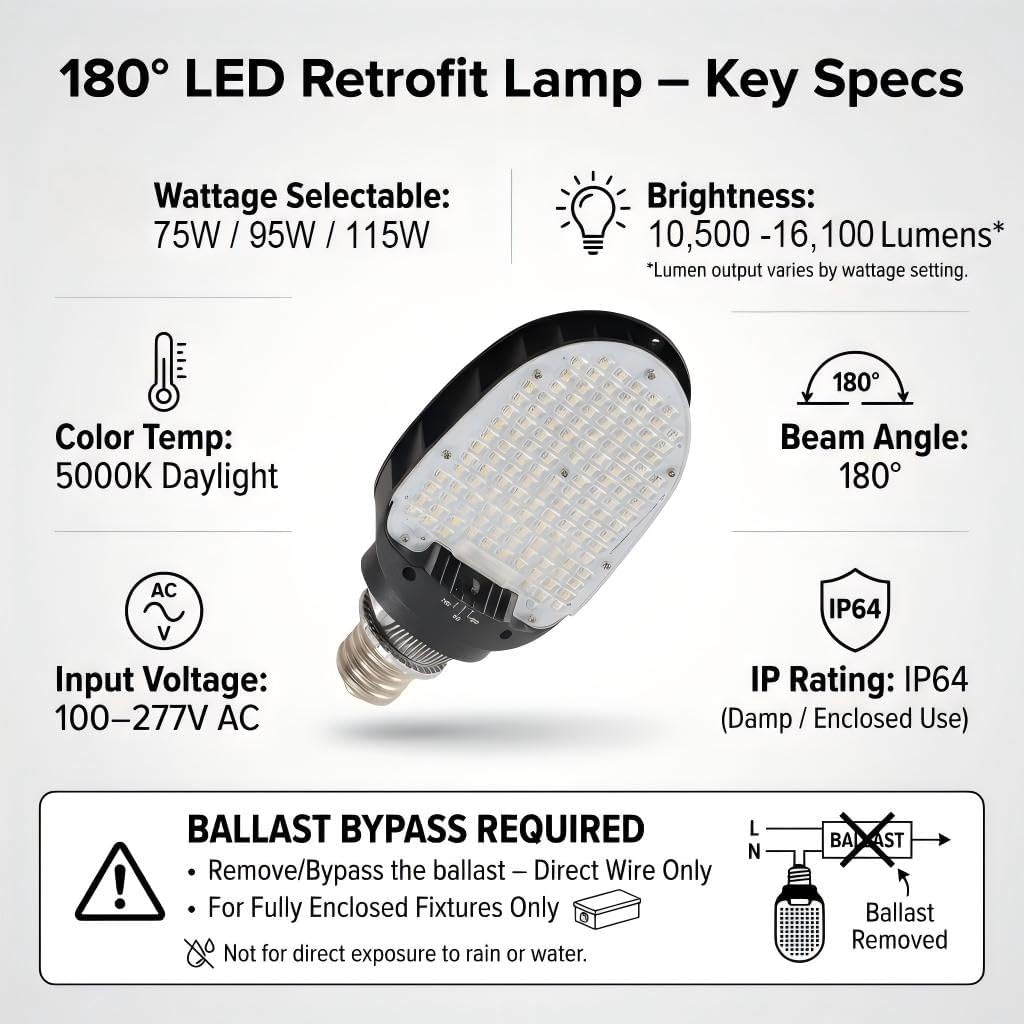 LED Shoebox Retrofit Lamp, 75/95/115W Selectable, 5000K, Rotatable E39 Base