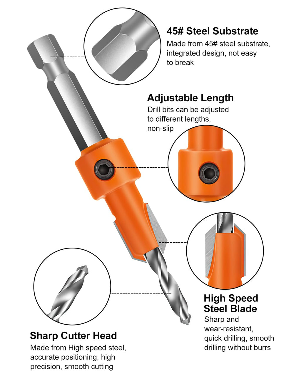 Lytool 5Pcs Countersink Drill Bit Set for Wood, 1/4" Hex Shank Tapered Bits
