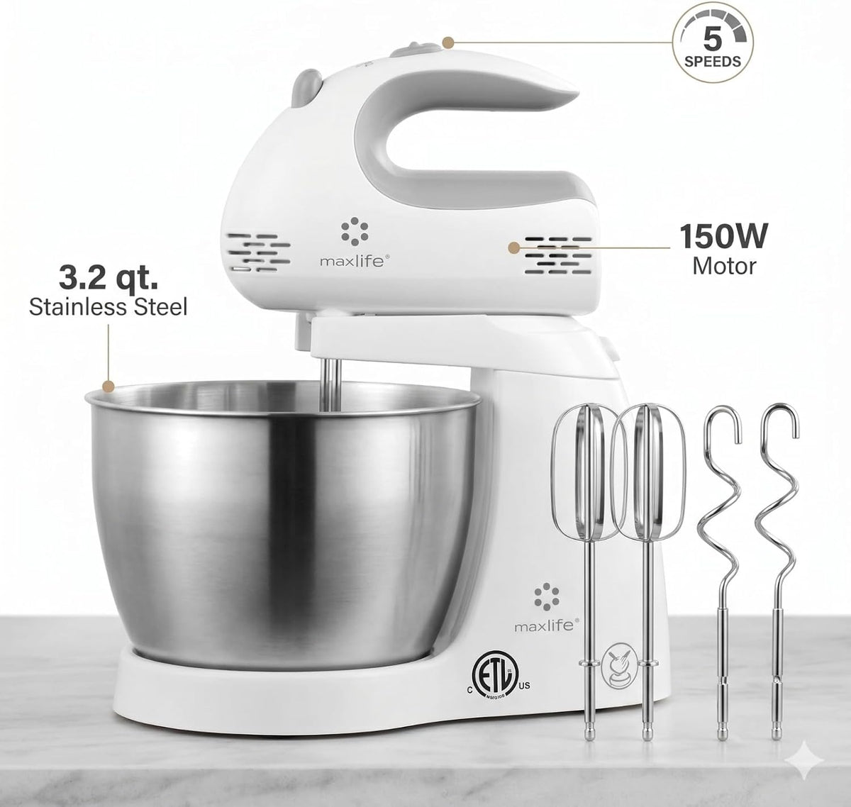 3.2 Quarts Stand Mixer - 5-Speed Electric Powerful Stand Mixer, White, with Stainless Steel Bowl, Dough Hooks, Beaters