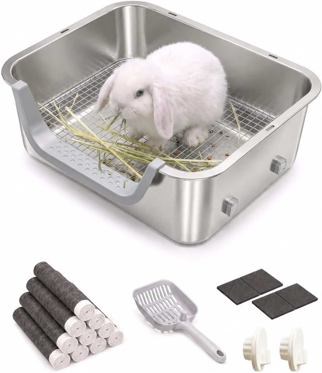 Rabbit Litter Box, 15.75" Large Stainless Steel Bunny Pan, Low Entry Corner