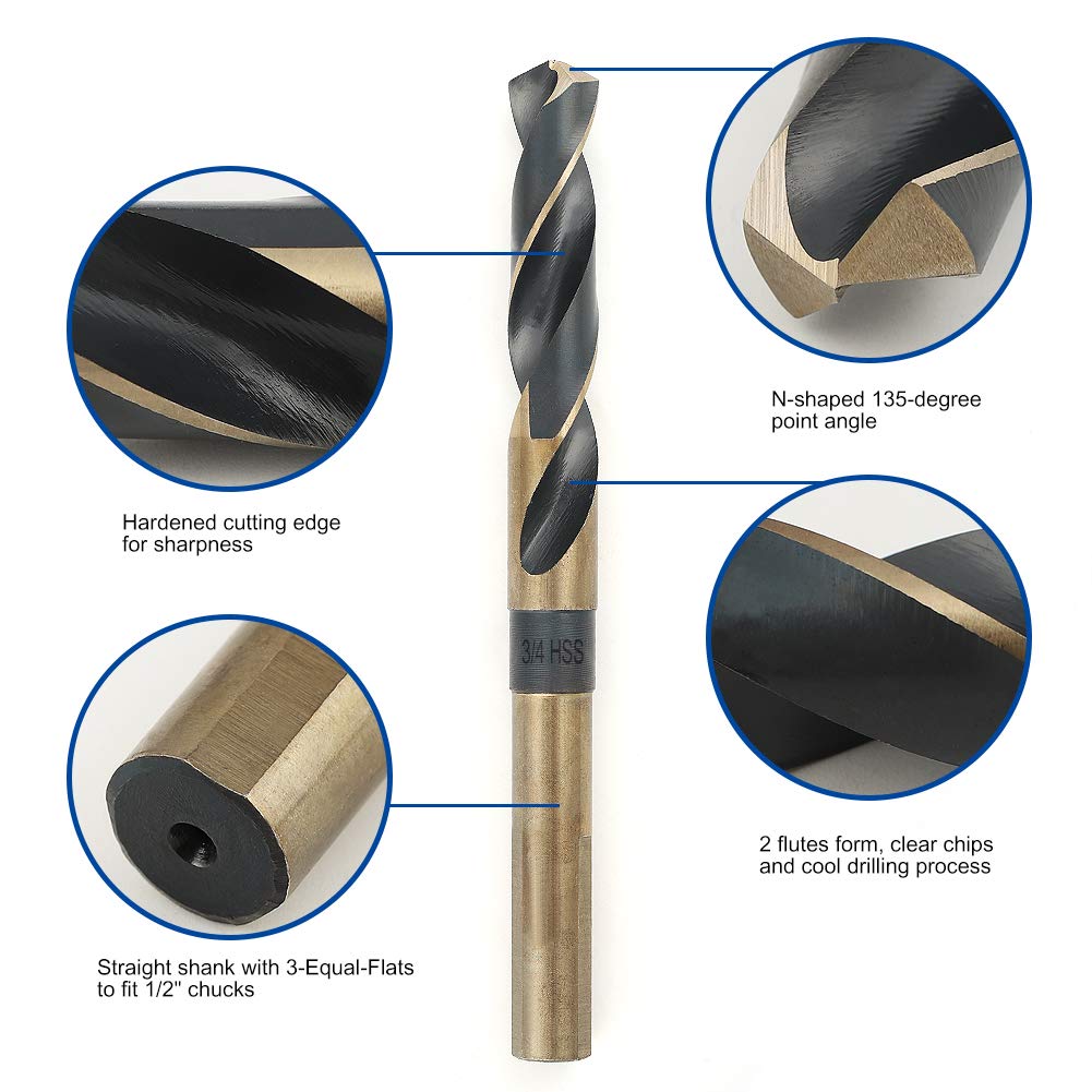 COMOWARE 3/4" Reduced Shank Drill Bit, M2, Black & Gold Drill Bit with 3-Flat 1/2" Shank, 135° Split Point, Metal Drills Bits for Steel/Aluminum/Iron/Plastic/Wood, for Electricians & DIY