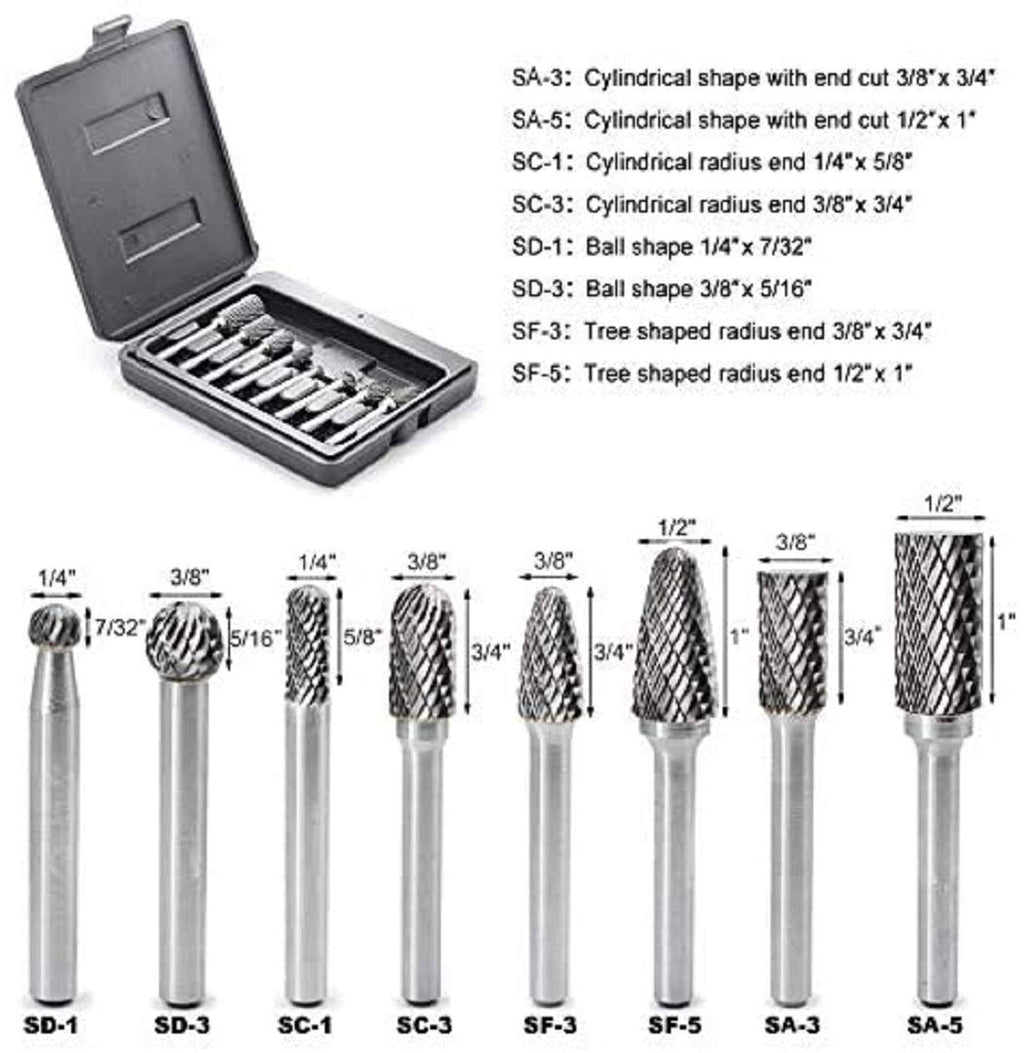 YUFUTOL Carbide Burr Set with 1/4''(6.35mm) Shank Double Cut 8pcs