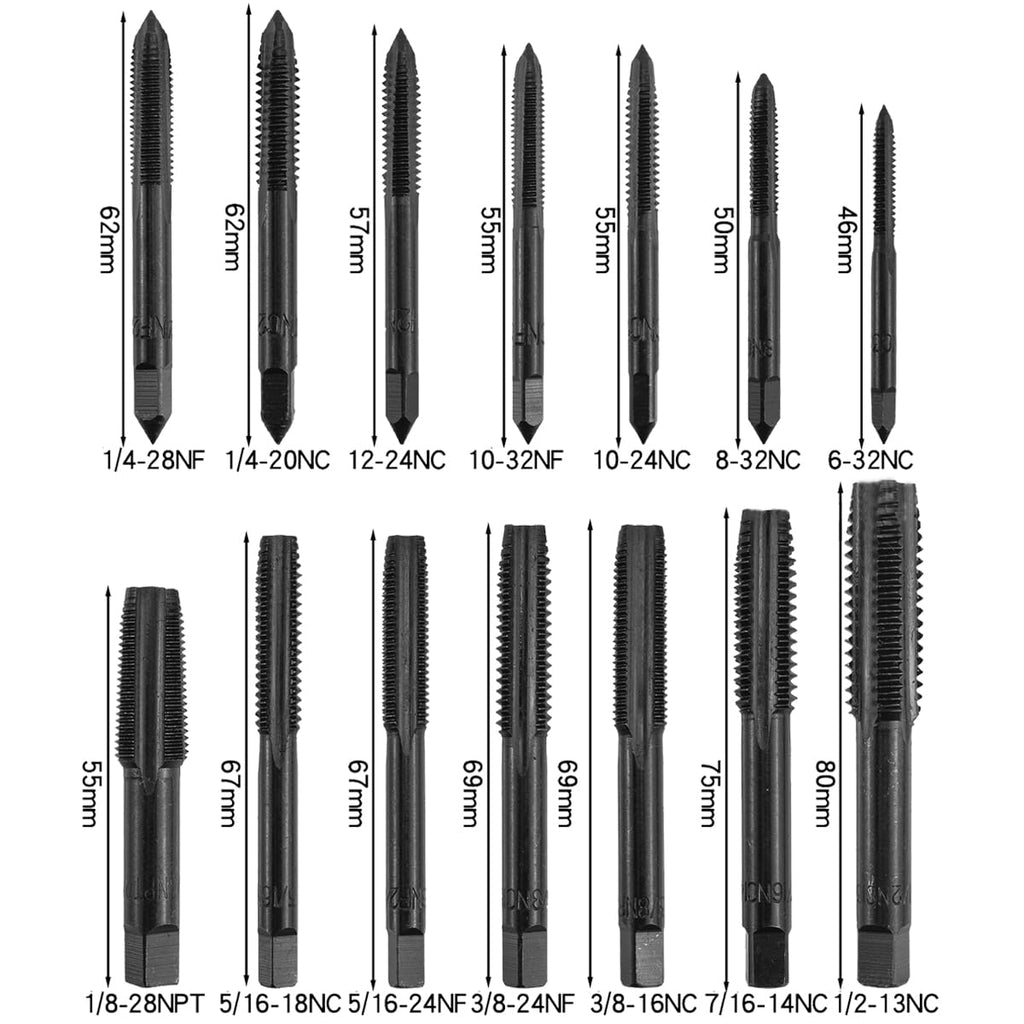 Wolfride 14Pcs Nitriding Coated Straight Flute Tap Set American Thread Taps, Machine Screw Tap and Drill Tapping Threading Tool 6-32NC -1/2-13NC