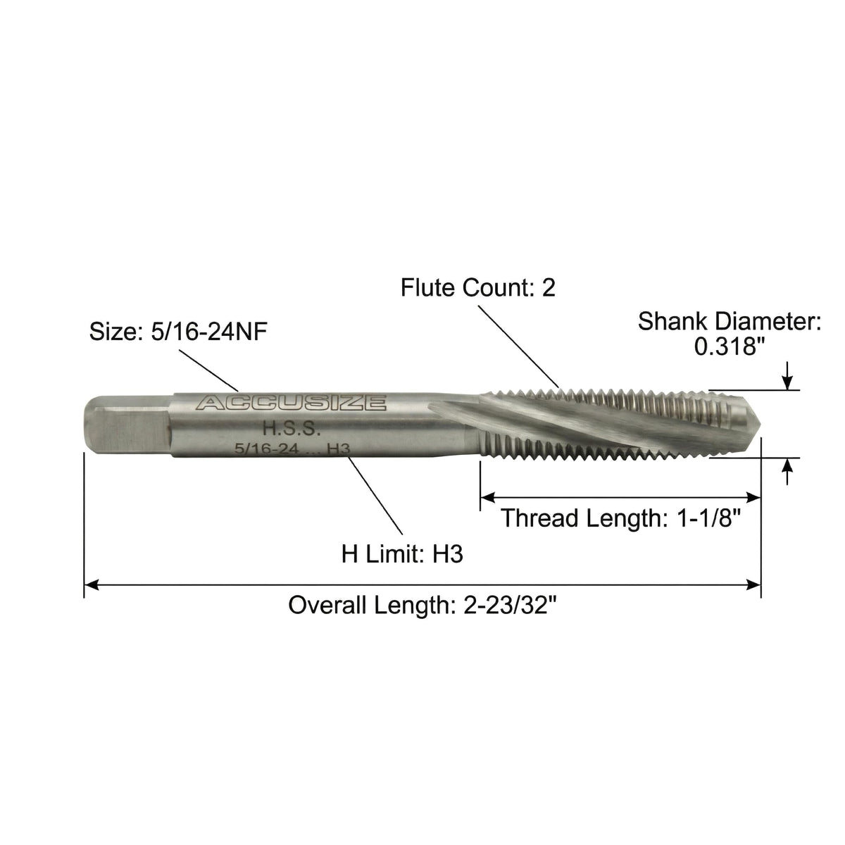 Accusize Spiral Point Tap 5/16-24NF H3 HSS 2-Flute, 10 Pc Set