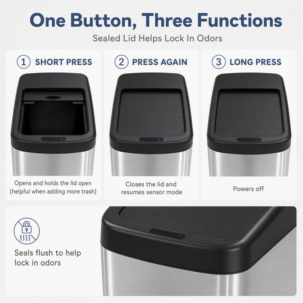 13 Gallon Kitchen Trash Can, Touchless Motion Sensor, Rolling Lid