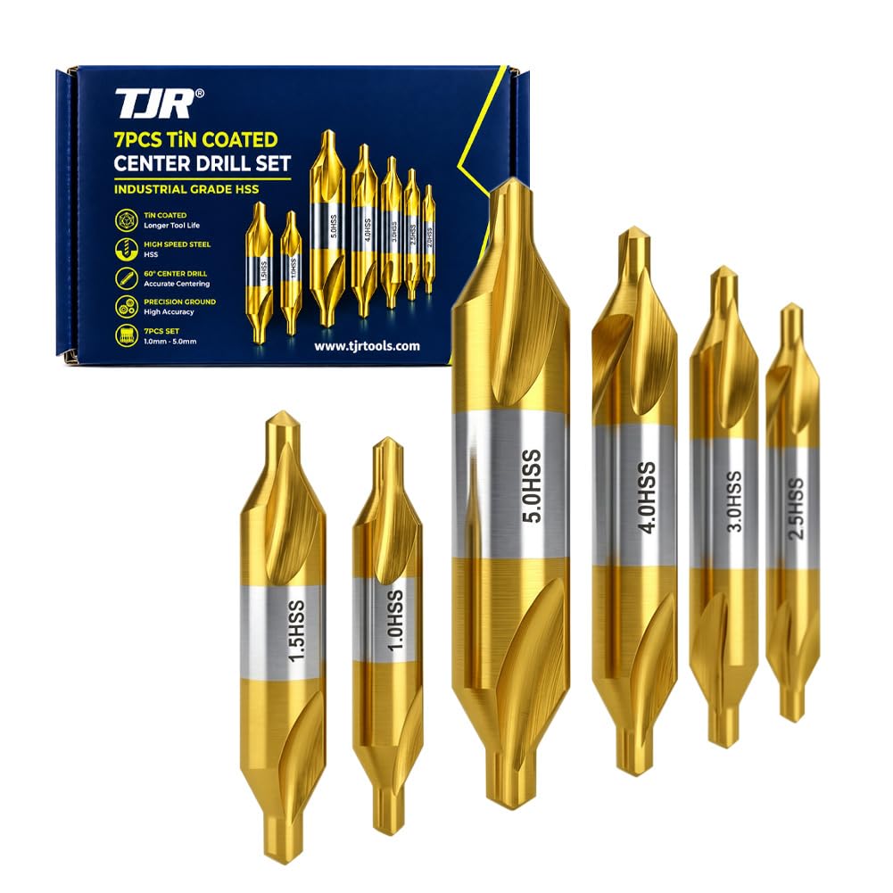 TJR Set of 7pcs TiN Coated Center Drills - 1mm, 1.5mm, 2mm, 2.5mm, 3mm, 4mm, 5mm - High-Speed Steel (HSS) Precision Drilling Tool Kit