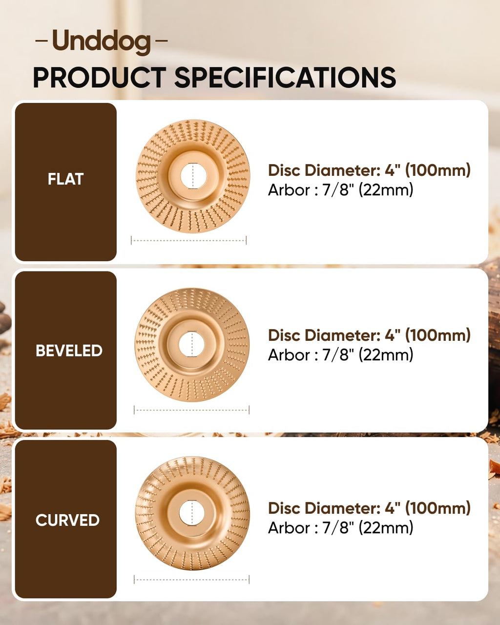 Unddog 3PCS Tungsten Carbide Wheel, Angle Grinder Wood Carving Disc (Flat)