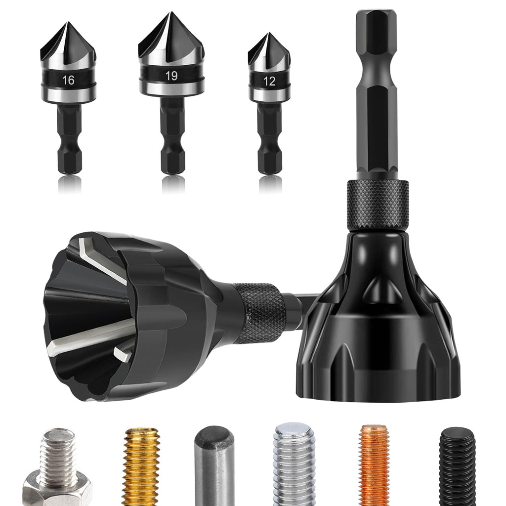 Hakkin 5PCS Deburring Tool Set, Tungsten Carbide Chamfer Drill Bit, External Deburring Tool with Quick Release Hex Shank for Metal, Fits 1/8"-3/4" (3-20mm)