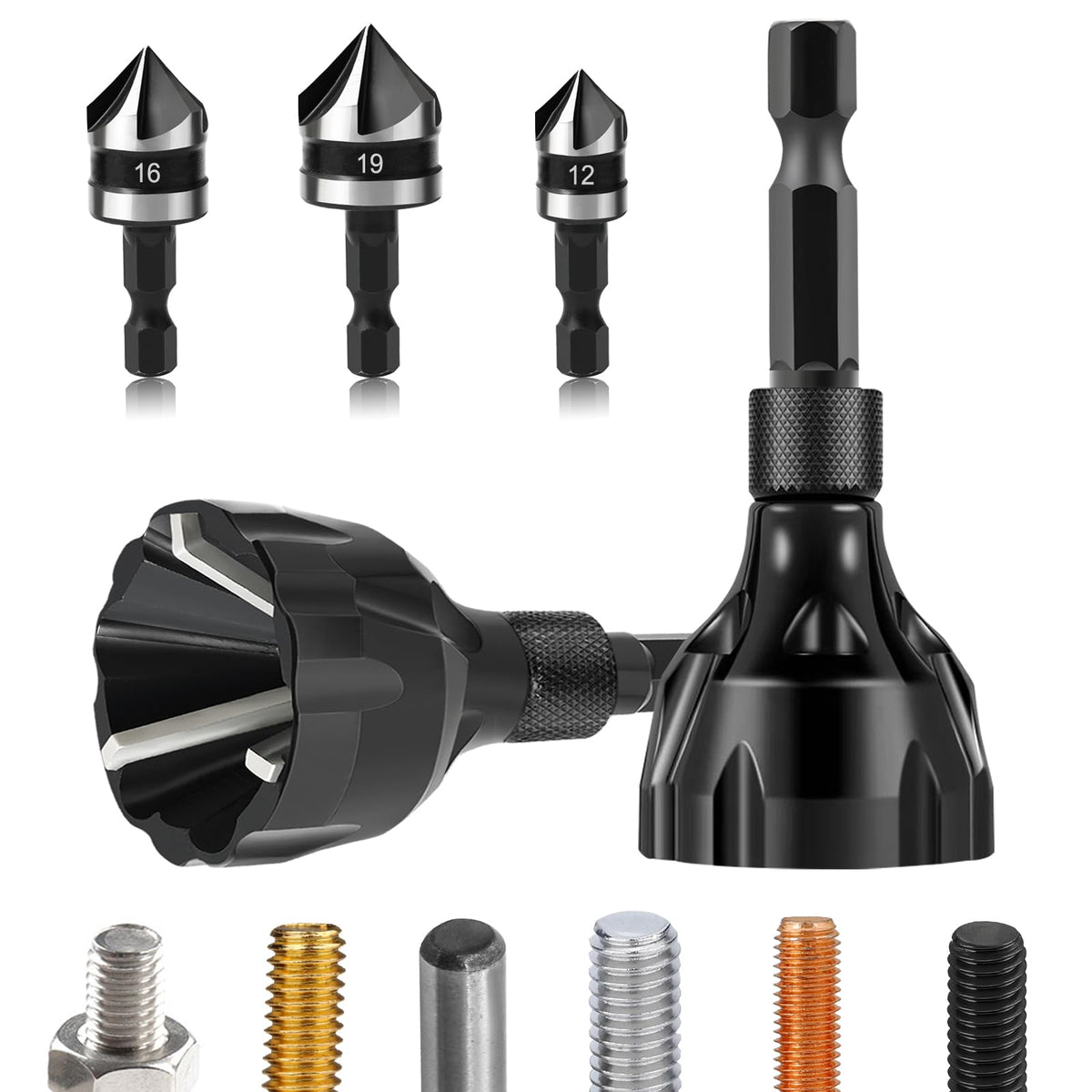 Hakkin 5PCS Deburring Tool Set, Tungsten Carbide Chamfer Drill Bit, External Deburring Tool with Quick Release Hex Shank for Metal, Fits 1/8"-3/4" (3-20mm)