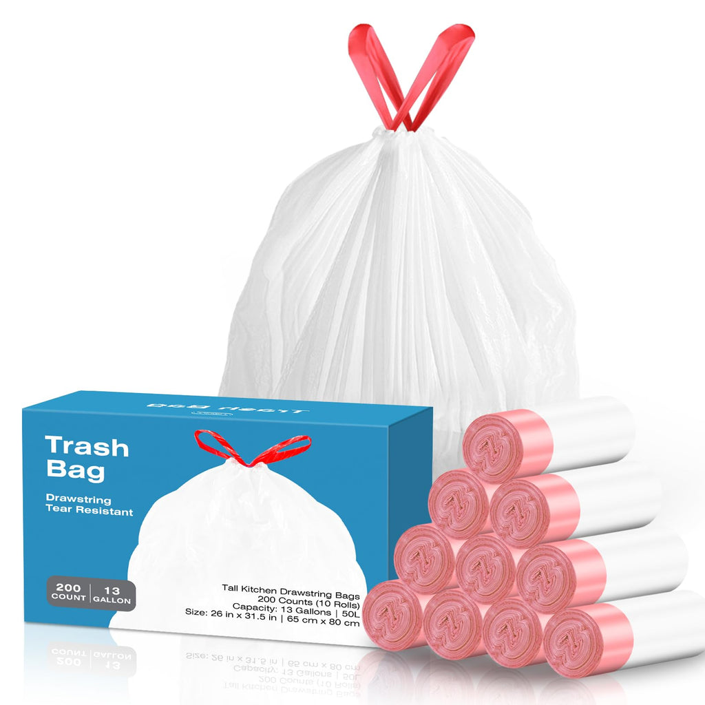 13.2 Gallon Tall Kitchen Drawstring Trash Bags, 200 Count Pre-separated Garbage Bags, Unscented, Leak Proof, Waste