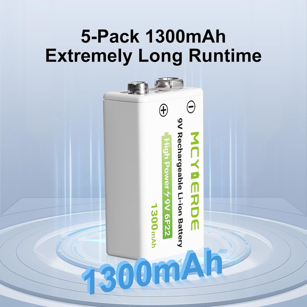 9Volt Lithium Batteries 5 Pack Long-Lasting with USB-C Cable | 9V battery for Smoke Detector Radios,Fire