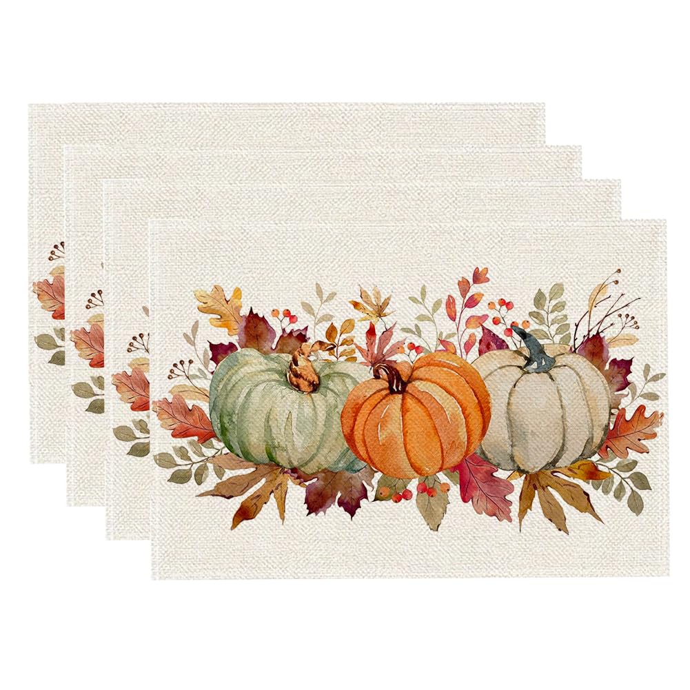 Orange Pumpkins Leaves Fall Placemats Set of 4