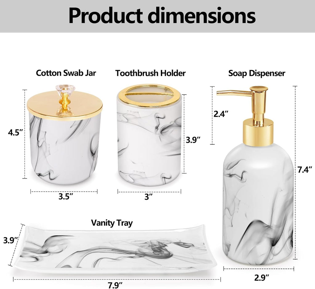 Bathroom Accessories Set, 4 Pcs Marble Look Sets Soap Dispenser & Toothbrush Holder Counter Top Restroom Apartment
