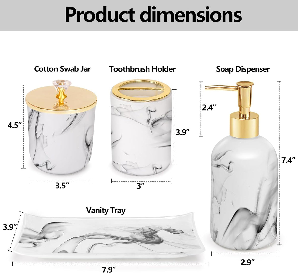 Bathroom Accessories Set, 4 Pcs Marble Look Sets Soap Dispenser & Toothbrush Holder Counter Top Restroom Apartment